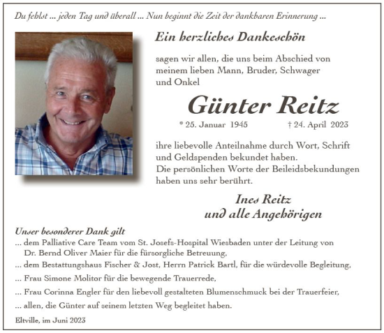 Traueranzeige von Günter Reitz von Wiesbadener Kurier