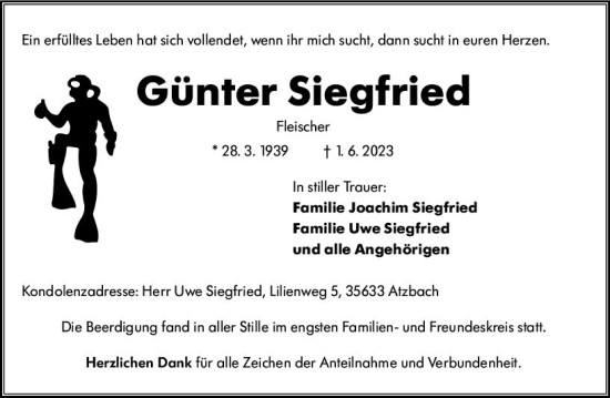 Traueranzeige von Günter Siegfried von Wetzlarer Neue Zeitung