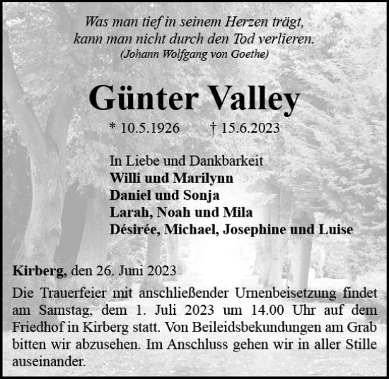 Traueranzeige von Günter Valley von Nassauische Neue Presse