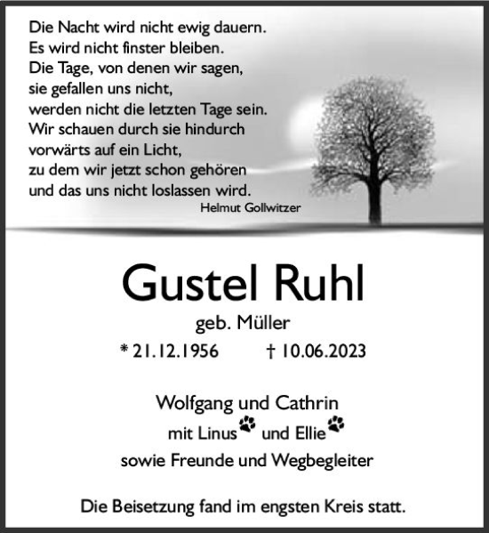 Traueranzeige von Gustel Ruhl von Allgemeine Zeitung Mainz