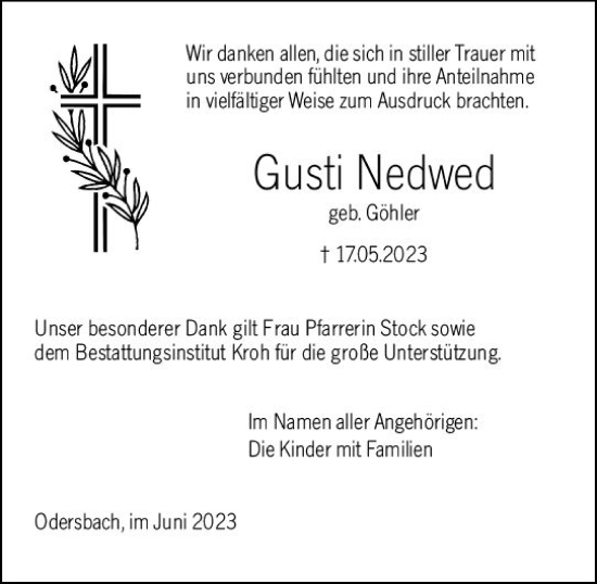 Traueranzeige von Gusti Nedwed von Weilburger Tageblatt