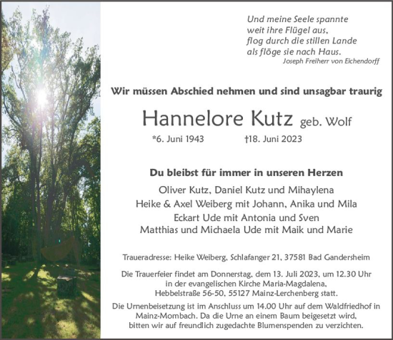 Traueranzeige von Hannelore Kutz von Allgemeine Zeitung Mainz