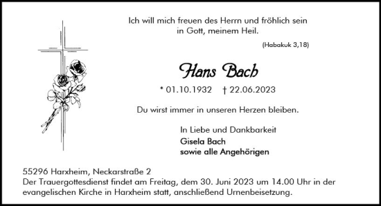 Traueranzeige von Hans Bach von Allgemeine Zeitung Mainz