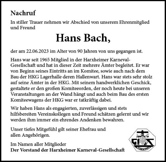 Traueranzeige von Hans Bach von Allgemeine Zeitung Mainz