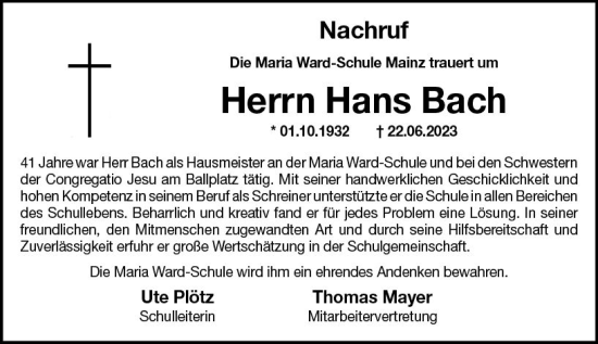 Traueranzeige von Hans Bach von Allgemeine Zeitung Mainz