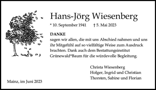 Traueranzeige von Hans-Jörg Wiesenberg von Allgemeine Zeitung Mainz