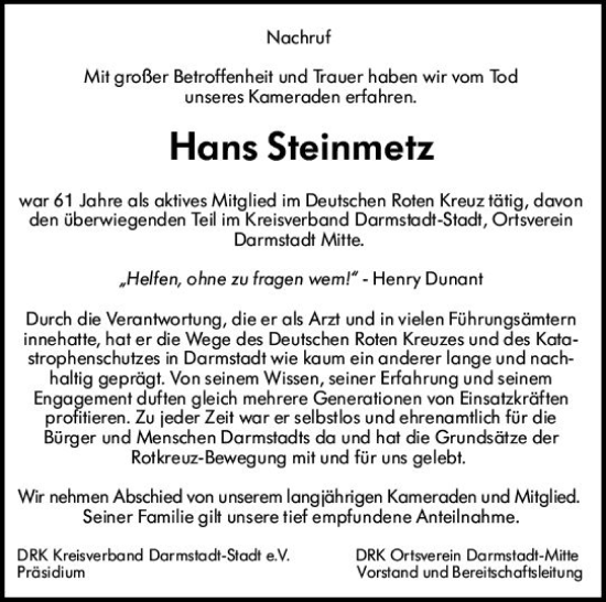 Traueranzeige von Hans Ernst Emil Steinmetz von Darmstädter Echo
