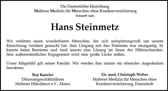 Traueranzeige von Hans Ernst Emil Steinmetz von Darmstädter Echo