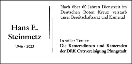 Traueranzeige von Hans Ernst Emil Steinmetz von Darmstädter Echo