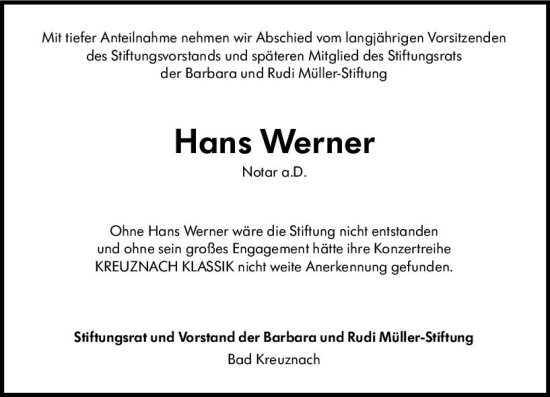 Traueranzeige von Hans Werner von Allgemeine Zeitung Bad Kreuznach
