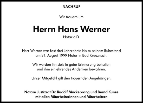 Traueranzeige von Hans Werner von Allgemeine Zeitung Bad Kreuznach