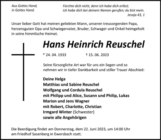 Traueranzeige von Hans Heinrich Reuschel von Dill Block