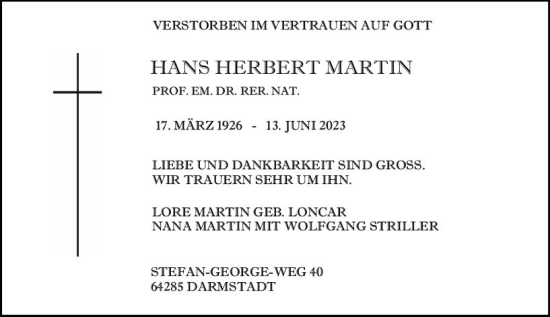 Traueranzeige von Hans Herbert Martin von Darmstädter Echo