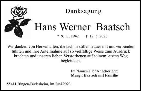 Traueranzeige von Hans Werner Bautsch von Allgemeine Zeitung Bingen/Ingelheim