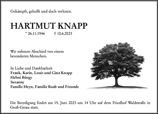 Traueranzeige von Hartmut Knapp von Groß-Gerauer Echo