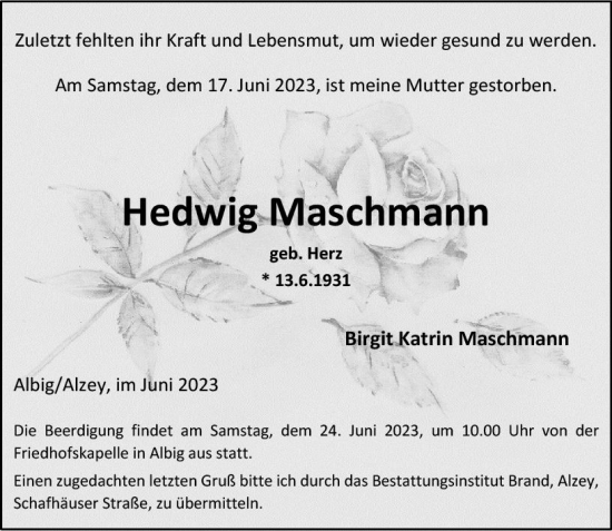 Traueranzeige von Hedwig Maschmann von Allgemeine Zeitung Alzey