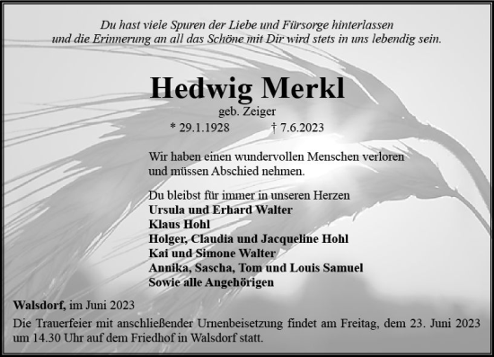 Traueranzeige von Hedwig Merkl von Camberger Anzeiger