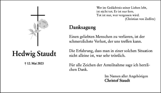 Traueranzeige von Hedwig Staudt von Nassauische Neue Presse