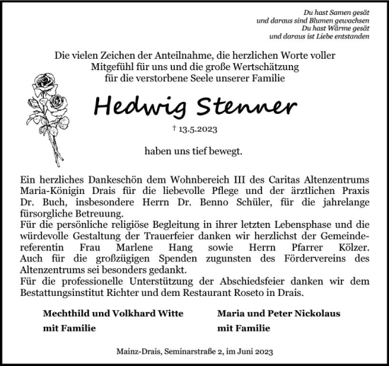 Traueranzeige von Hedwig Stenner von Allgemeine Zeitung Mainz