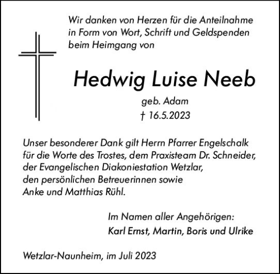 Traueranzeige von Hedwig Luise Neeb von Wetzlarer Neue Zeitung