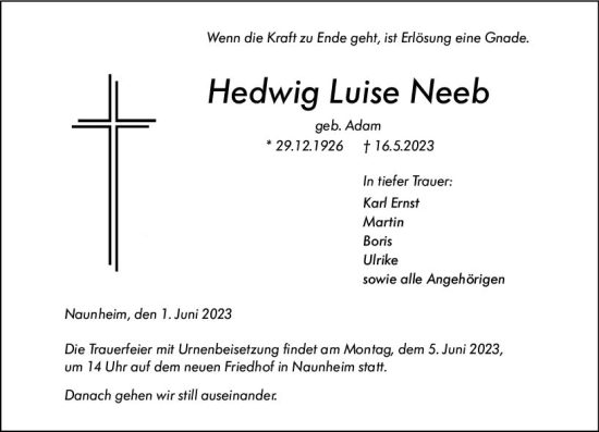 Traueranzeige von Hedwig Luise Neeb von Wetzlarer Neue Zeitung