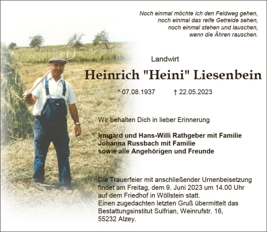 Traueranzeige von Heinrich  Liesenbein von Allgemeine Zeitung Alzey