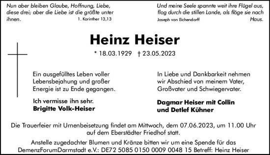 Traueranzeige von Heinz Heiser von Darmstädter Echo