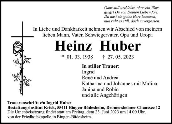 Traueranzeige von Heinz Huber von Allgemeine Zeitung Bingen/Ingelheim