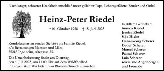Traueranzeige von Heinz-Peter Riedel von Allgemeine Zeitung Mainz