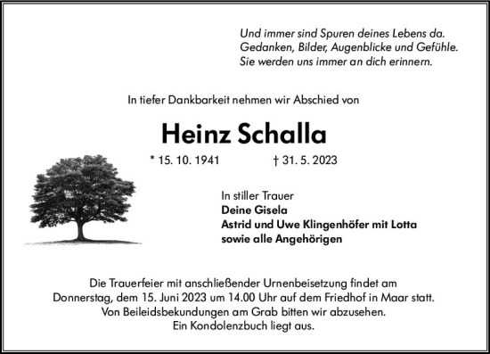 Traueranzeige von Heinz Schalla von VRM Trauer