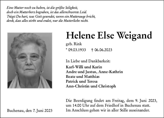 Traueranzeige von Helene Else Weigand von Hinterländer Anzeiger