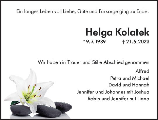 Traueranzeige von Helga Kolatek von Rüsselsheimer Echo