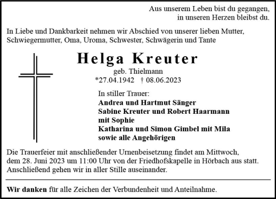 Traueranzeige von Helga Kreuter von Dill Block