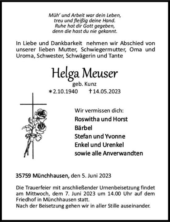 Traueranzeige von Helga Meuser von Dill Block
