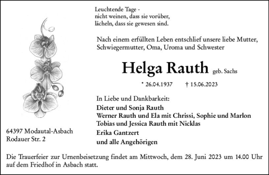 Traueranzeige von Helga Rauth von Darmstädter Echo