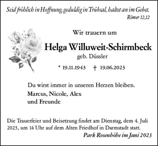 Traueranzeige von Helga Willuweit-Schirmbeck von Darmstädter Echo