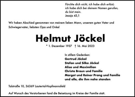 Traueranzeige von Helmut Jöckel von VRM Trauer