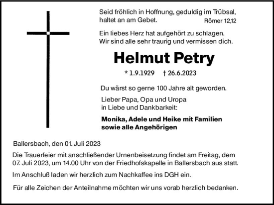 Traueranzeige von Helmut Petry von Dill Block