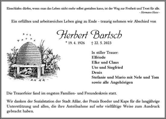 Traueranzeige von Herbert Bartsch von Wetzlarer Neue Zeitung