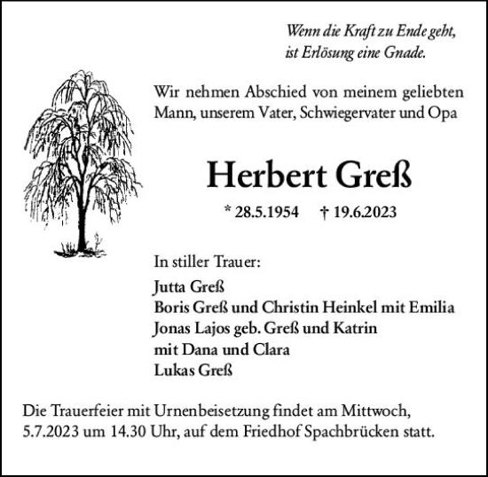 Traueranzeige von Herbert Greß von Darmstädter Echo