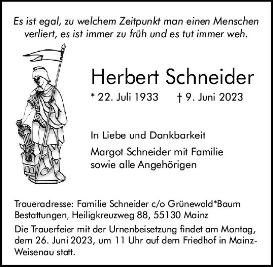 Traueranzeige von Herbert Schneider von Allgemeine Zeitung Mainz
