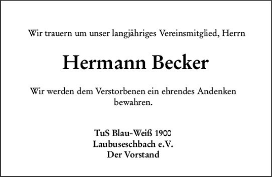 Traueranzeige von Hermann Becker von Weilburger Tageblatt