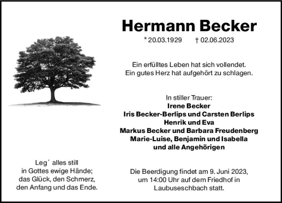 Traueranzeige von Hermann Becker von Weilburger Tageblatt