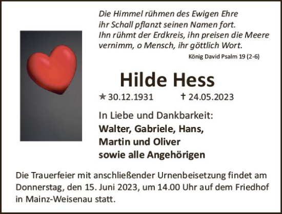 Traueranzeige von Hilde Hess von Allgemeine Zeitung Mainz