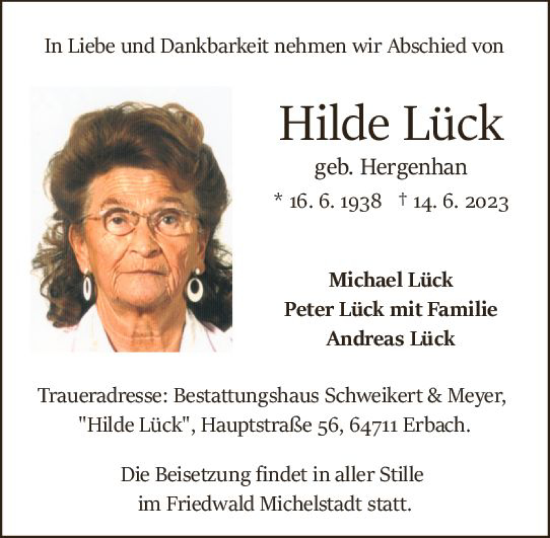 Traueranzeige von Hilde Lück von Odenwälder Echo