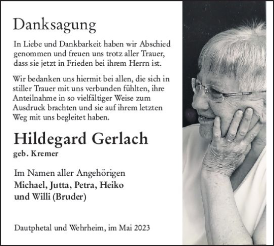 Traueranzeige von Hildegard Gerlach von Hinterländer Anzeiger