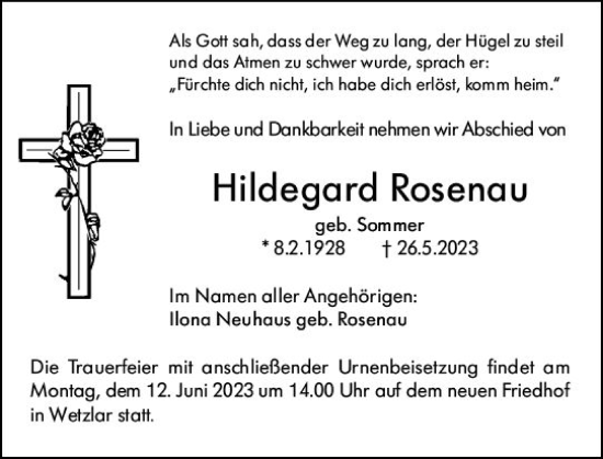 Traueranzeige von Hildegard Rosenau von Wetzlarer Neue Zeitung