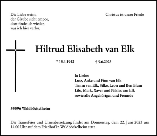 Traueranzeige von Hiltrud Elisabeth van Elk von Allgemeine Zeitung Bad Kreuznach