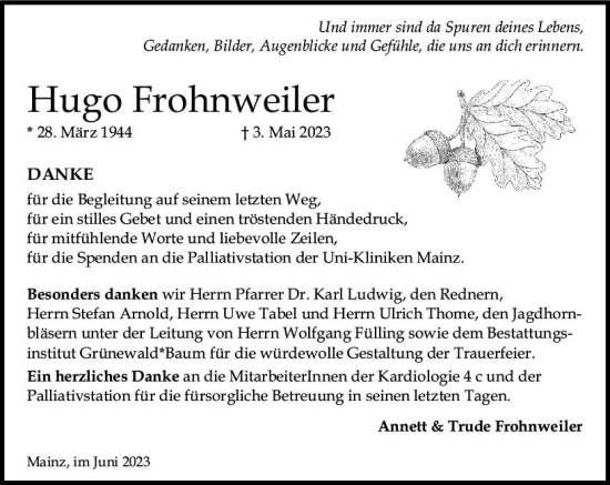 Traueranzeige von Hugo Frohnweiler von Allgemeine Zeitung Mainz