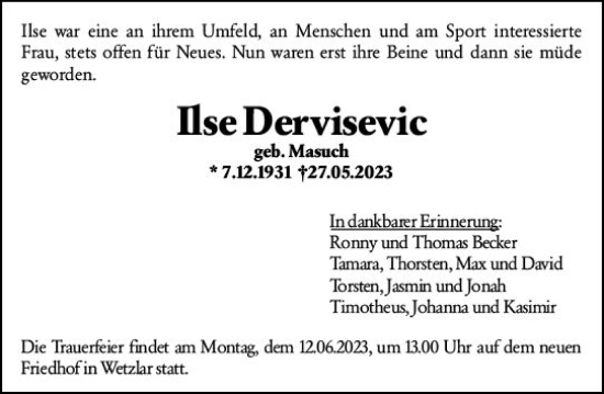 Traueranzeige von Ilse Dervisevic von Wetzlarer Neue Zeitung